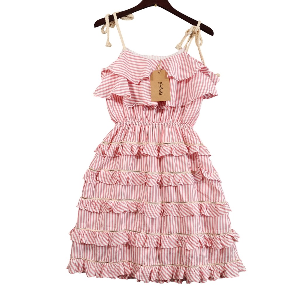 Listicle Ruffle Tiered Mini Dress Womens Medium Pink White Striped Rope Straps